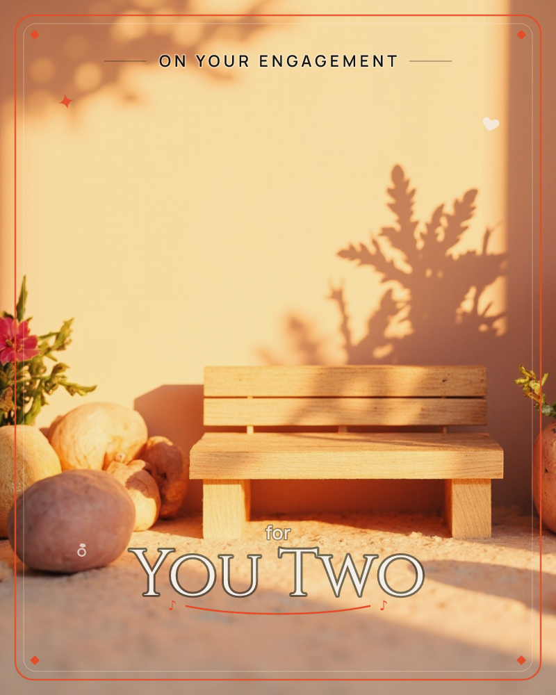 A miniature wooden bench sits in warm late-afternoon light against a peach-toned wall, its slats casting long shadows beside the leafy silhouette of a…, a engagement e-card design