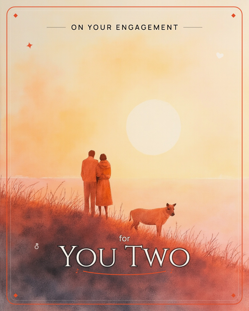 Two figures stand close together on a windswept, grassy hill, watching a huge pale sun hang low over a hazy horizon, a dog waiting quietly beside them, a engagement e-card design