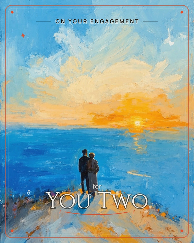 A painterly seascape shows two figures standing close together on a bluff, silhouetted against a glowing sunset over open water, a engagement e-card design
