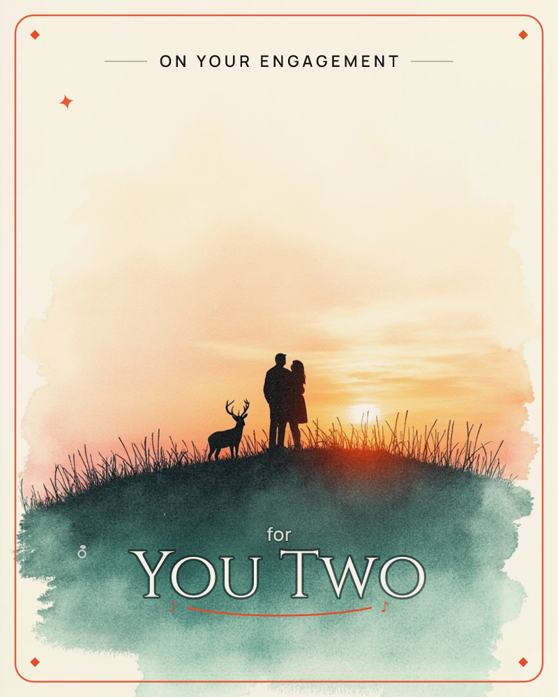 Two people stand close together in silhouette atop a grassy hill, watching a glowing orange sun sink toward the horizon, with a antlered deer pausing…, a engagement e-card design