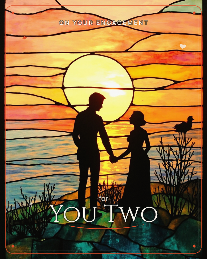 A stained-glass style illustration shows a man and a woman standing hand in hand on a rocky shoreline, silhouetted against a huge glowing sun sinking…, a engagement e-card design