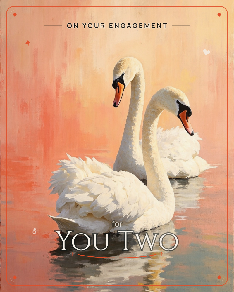 Two swans glide together across still water, their long necks curved in mirrored elegance beneath a glowing peach-and-coral sky, a engagement e-card design