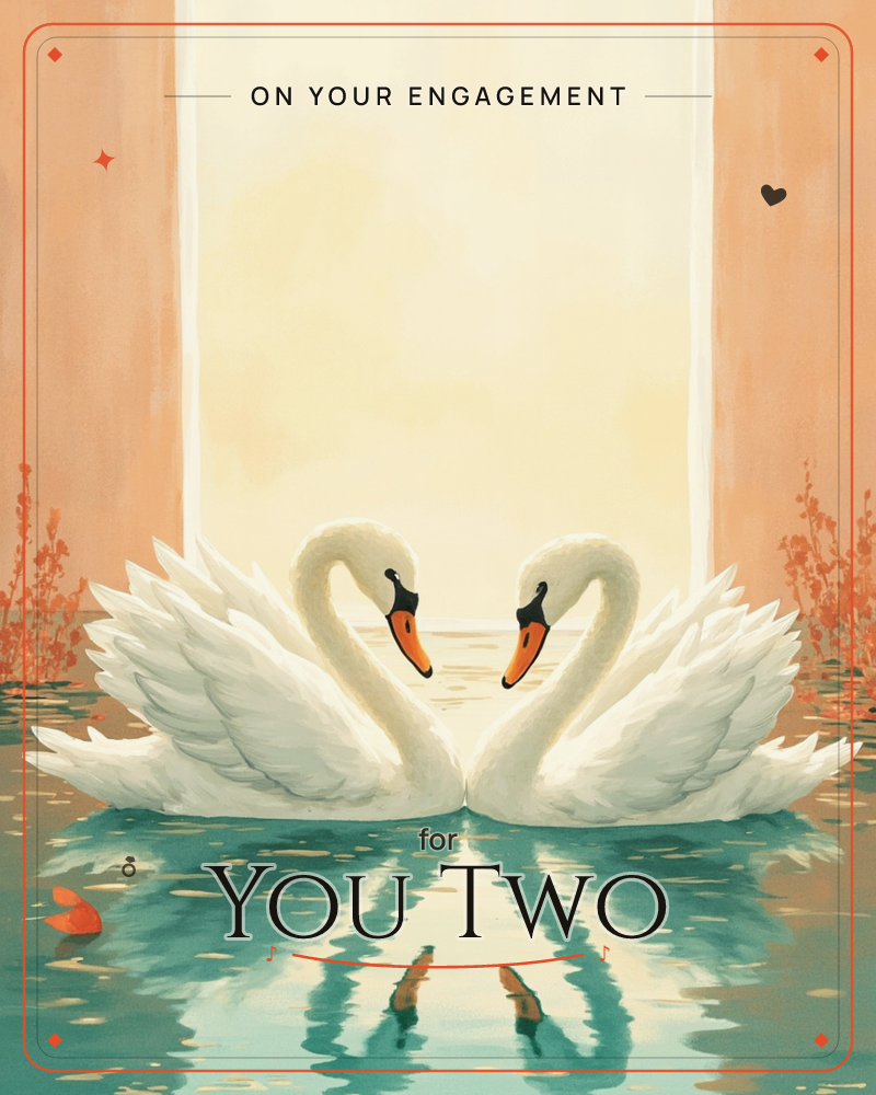 Two white swans face each other on still water, their curved necks forming a heart shape at the center, a engagement e-card design