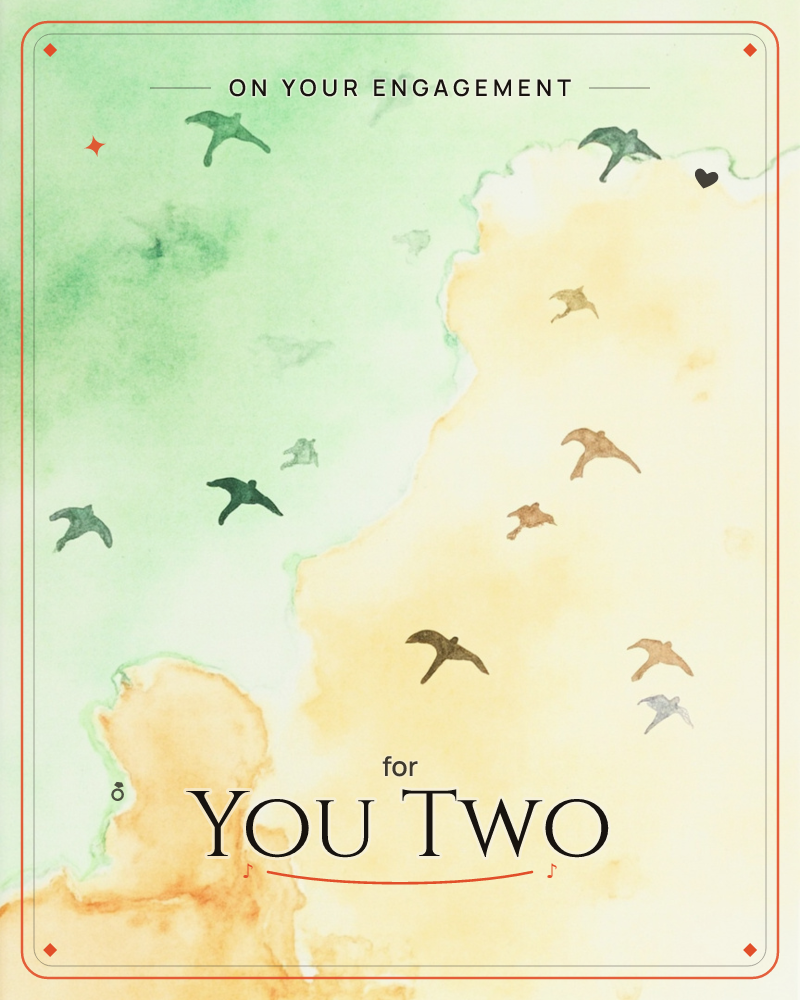 A soft watercolour wash splits the page between mossy green and warm amber, with a flock of small birds scattered mid-flight across the divide, a engagement e-card design