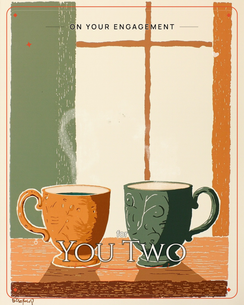 Two textured mugs, one burnt orange and one deep sage green, sit side by side on a wooden windowsill with faint wisps of steam curling upward, a engagement e-card design