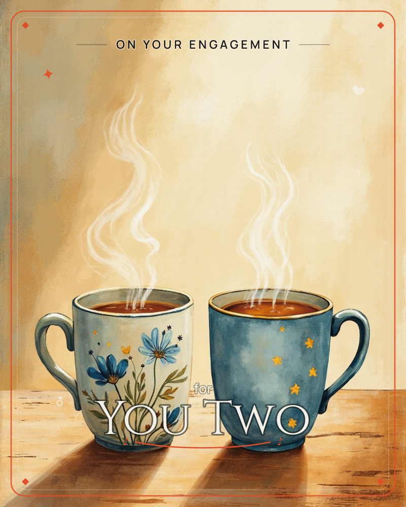 Two painted mugs sit side by side on a dark wooden table, steam curling upward from their hot drinks in soft ribbons, a engagement e-card design