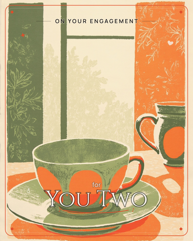A patterned teacup on its saucer sits in front of a window, with a matching mug behind it, all rendered in bold blocks of olive green and burnt orange, a engagement e-card design