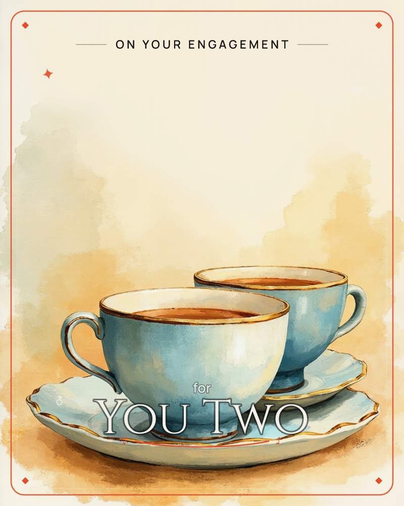 Two pale blue teacups with gold rims sit filled with dark tea on matching scalloped saucers, glowing against a soft watercolour wash of cream and warm…, a engagement e-card design