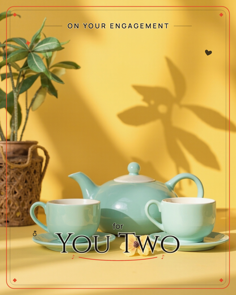 A mint-green teapot sits between two matching cups and saucers on a sunlit yellow surface, with a potted plant casting a sharp leafy shadow across the…, a engagement e-card design