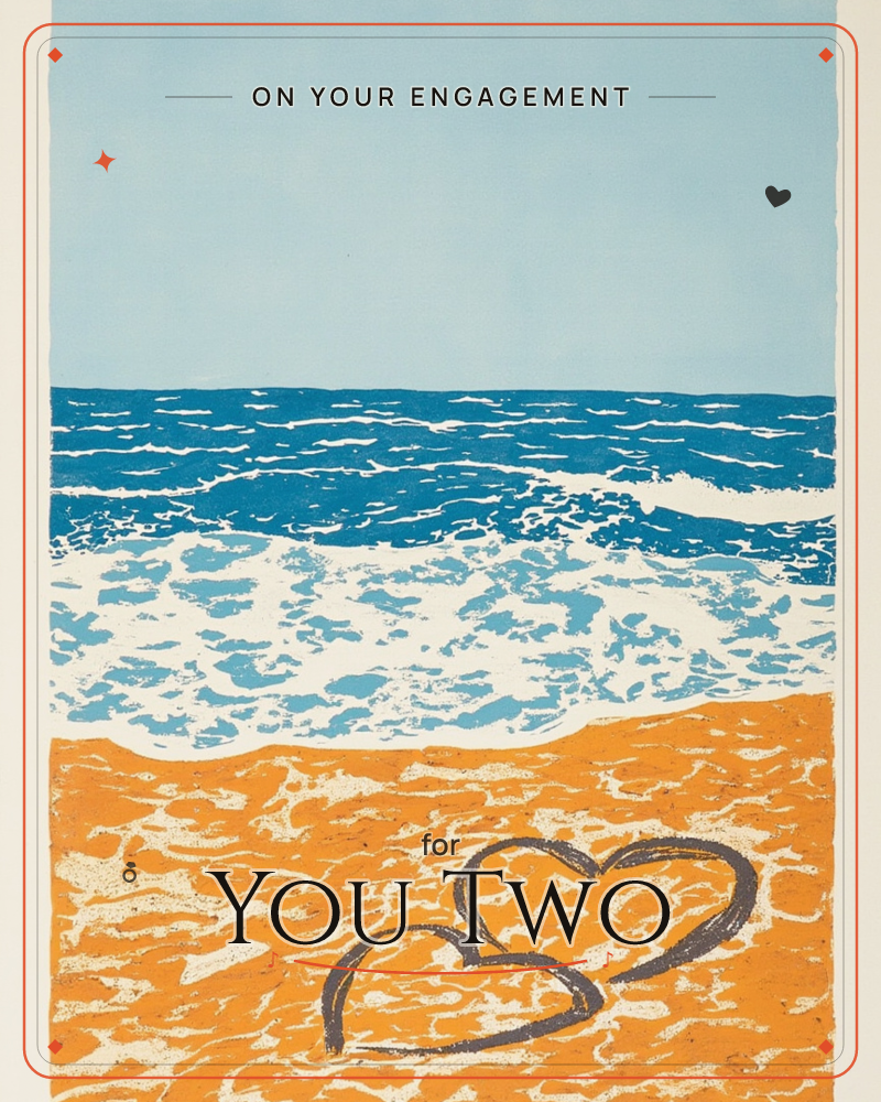 A linocut-style seascape shows pale blue sky meeting deep teal waves that break into frothy white surf along a golden-orange shore, a engagement e-card design