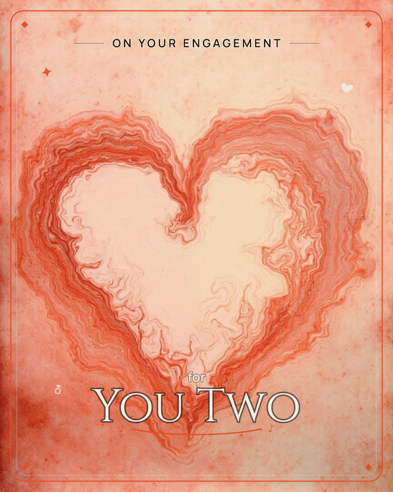 A heart shape forms from rippling rings of red and coral, like marbled paint or agate stone swirled across a pale cream centre, a engagement e-card design