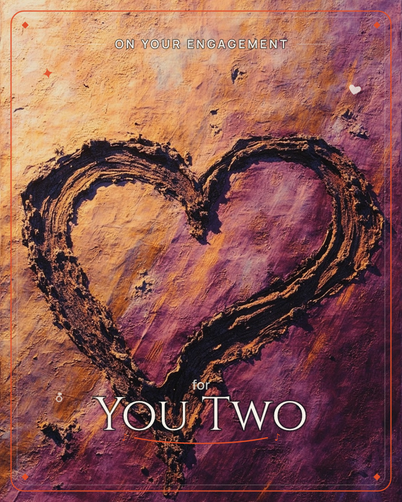 A heart shape is carved or dragged into a thick, textured plaster-like surface, its rough gouged edges catching light and shadow, a engagement e-card design