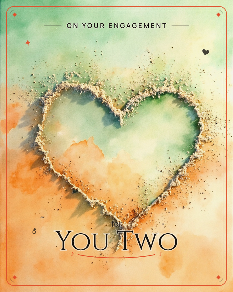 A heart shape is traced in gritty, sand-like texture against a soft watercolour wash of sage green and warm orange, its granular edges scattering…, a engagement e-card design