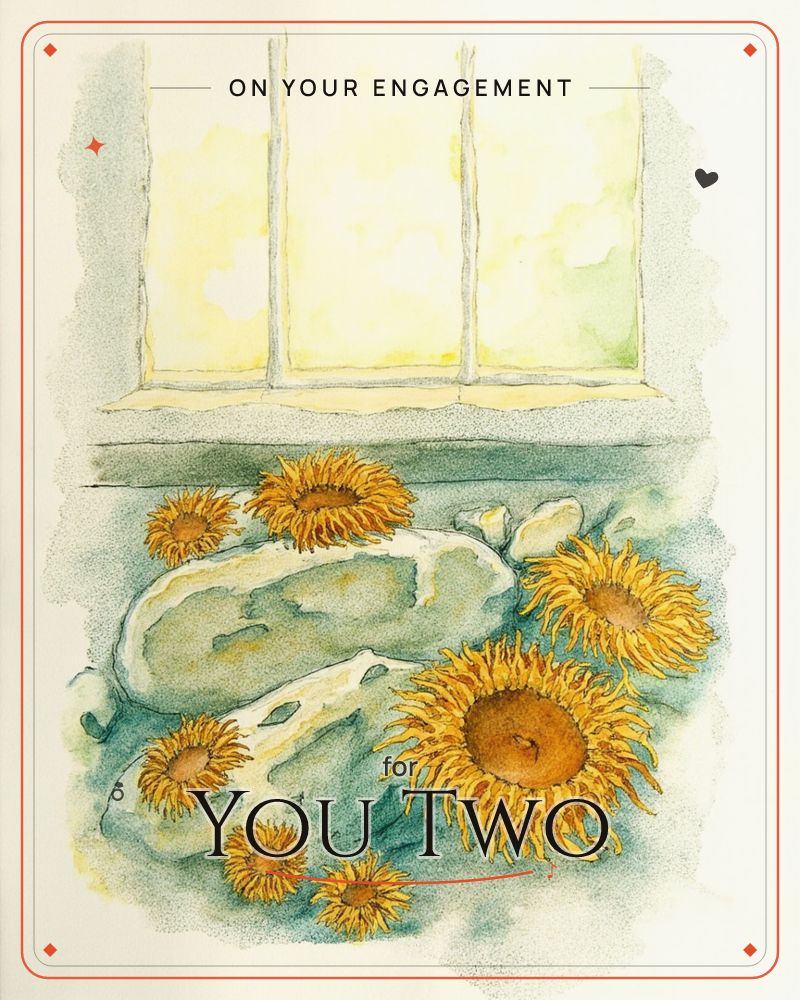 A watercolour window ledge scattered with sunflower heads resting among pale stones, sunlight glowing softly through the paned glass behind them, a engagement e-card design