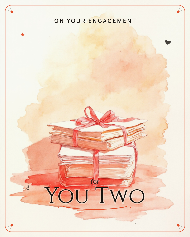 Two stacks of folded papers or letters are bundled with a red ribbon tied into a bow, painted in loose watercolour washes, a engagement e-card design
