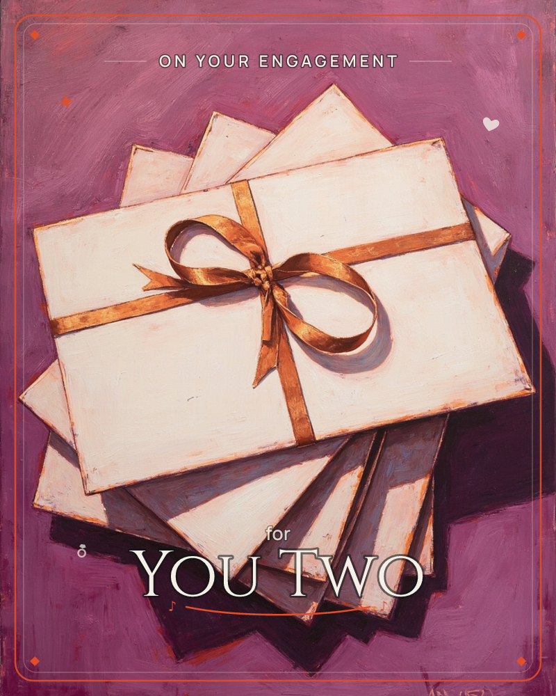 A stack of pale envelopes fans out beneath a single flat parcel wrapped in a copper-gold ribbon tied into a neat bow, all set against a deep…, a engagement e-card design