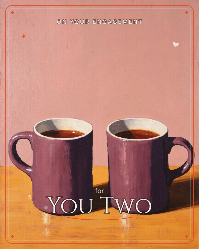 Two matching plum-coloured mugs sit side by side on a warm mustard-yellow tabletop, each filled to the brim with dark tea or coffee, a engagement e-card design