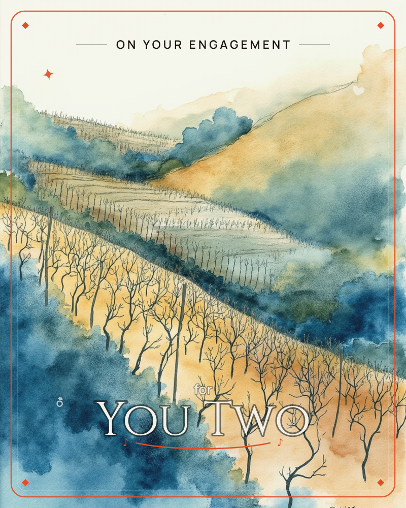 A watercolour hillside painted in golden ochre and deep indigo, terraced rows of bare-branched vines climbing in soft diagonal bands across sloping hills, a engagement e-card design