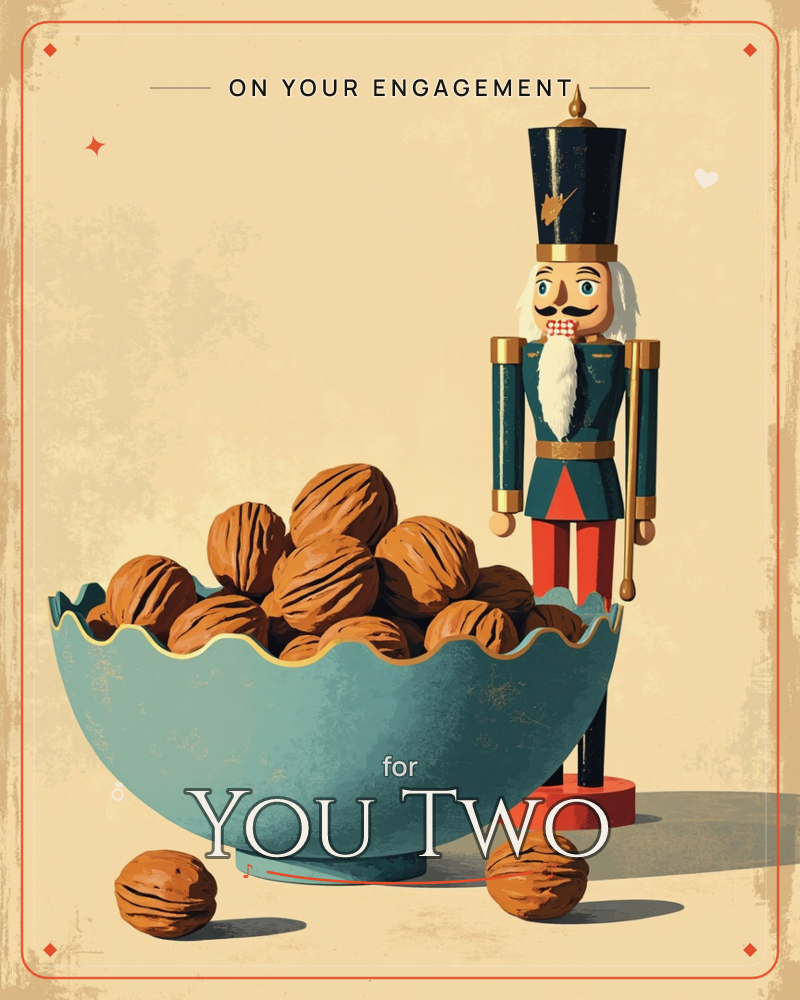 A classic wooden nutcracker soldier stands guard beside a scalloped teal bowl heaped with walnuts, a couple of stray nuts scattered on the floor before it, a engagement e-card design