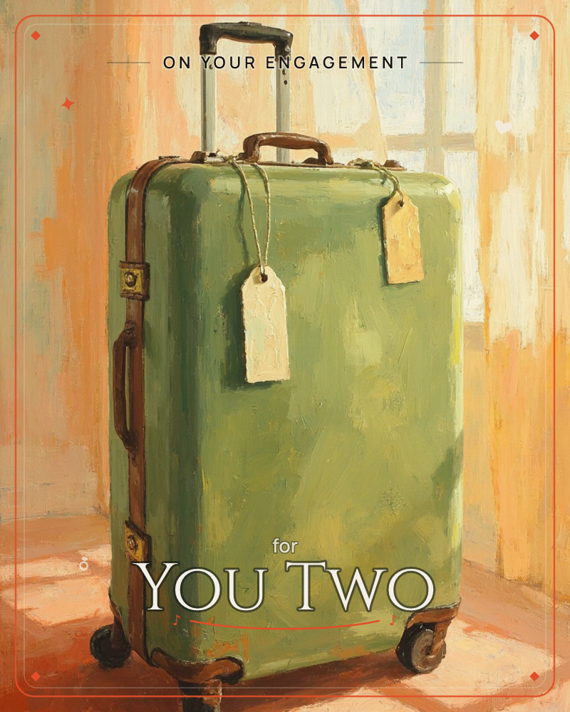 A vintage-style green suitcase with brown leather trim stands upright against a softly streaked orange and cream backdrop, its extended handle catching…, a engagement e-card design