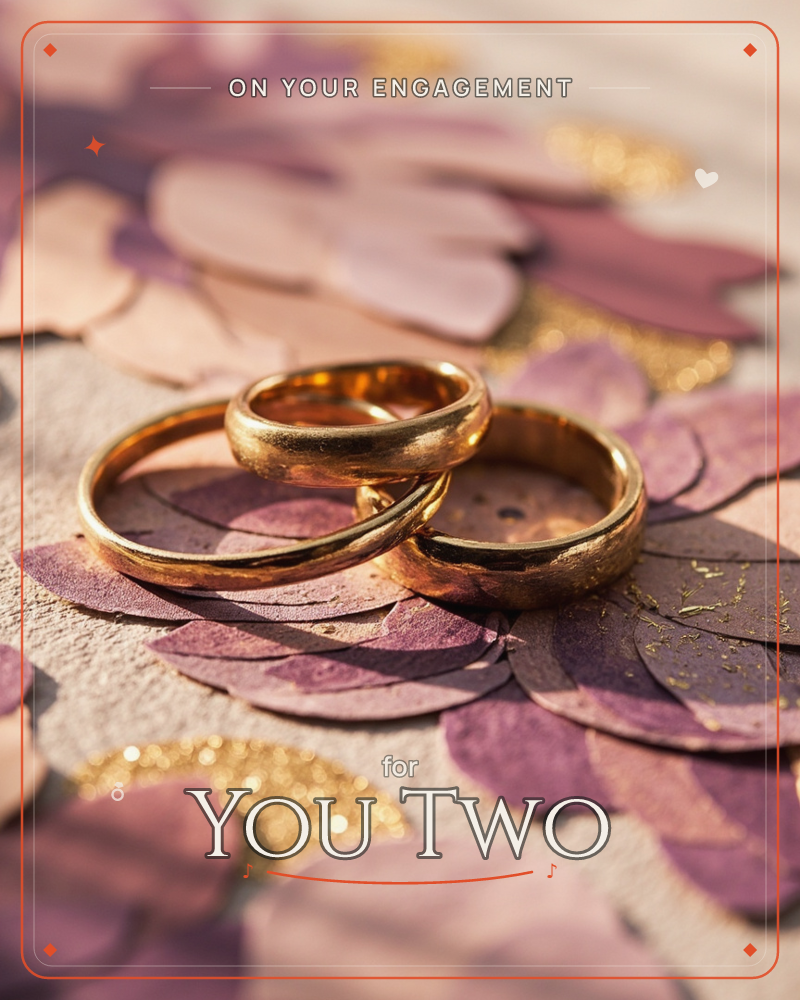 Two gold wedding bands rest tilted against each other atop a scattering of dusty mauve and purple petals, flecked with fine gold glitter, a engagement e-card design