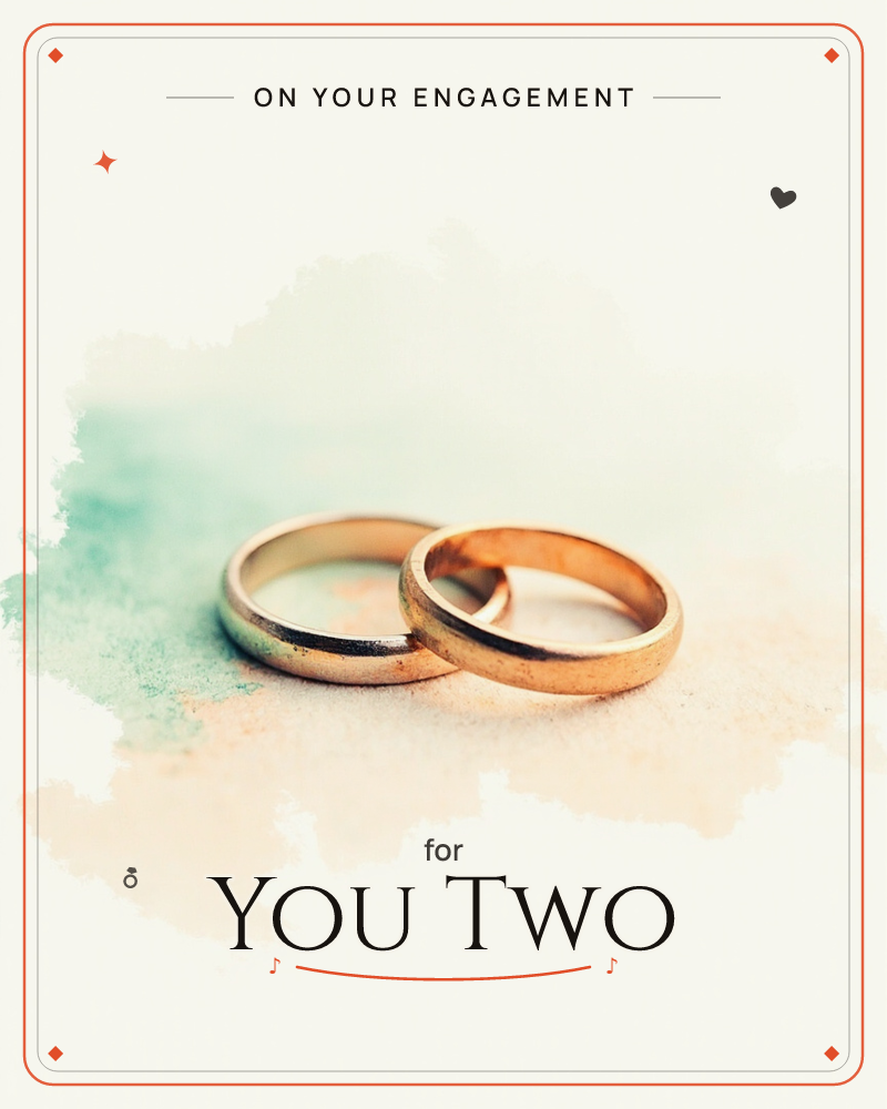 Two gold wedding bands lean together on a soft watercolour wash of teal and warm sand, photographed close-up with a gentle vignette, a engagement e-card design