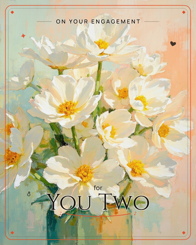 A loose bouquet of white poppy-like blooms with golden centres fills the frame, painted in thick, confident brushstrokes, a engagement e-card design