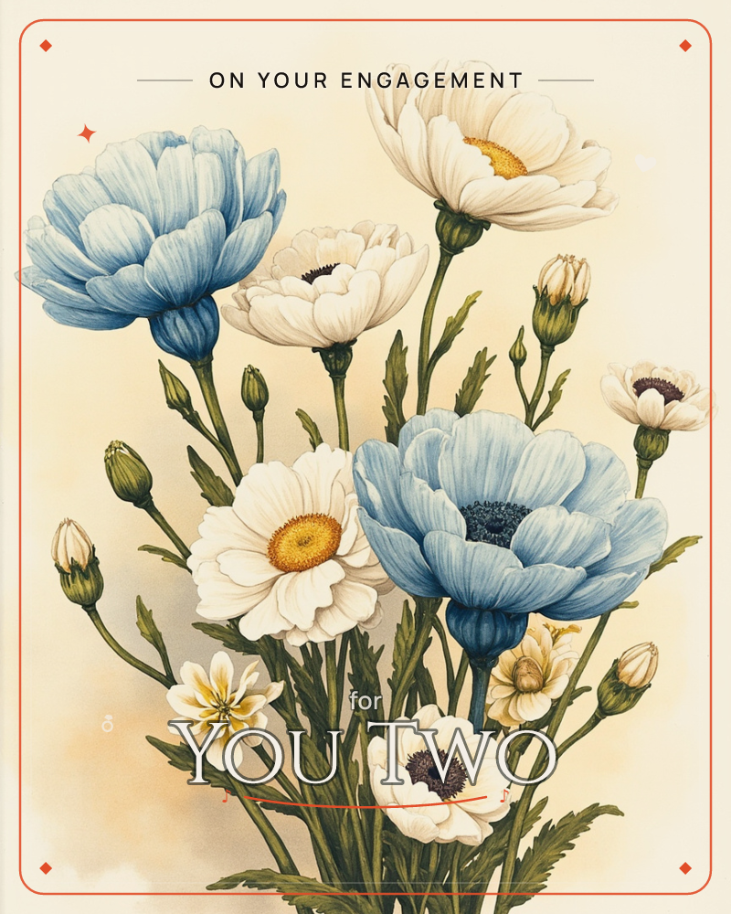 A cluster of blue poppies and white daisies rises against a warm cream background that fades to shadow at the edges, a engagement e-card design