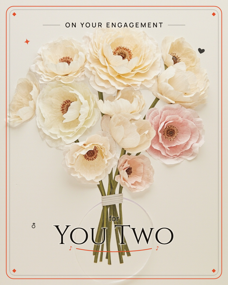 A hand-tied bouquet of large paper flowers stands against a softly vignetted backdrop, cream and blush anemone-style blooms with dark ruffled centres…, a engagement e-card design
