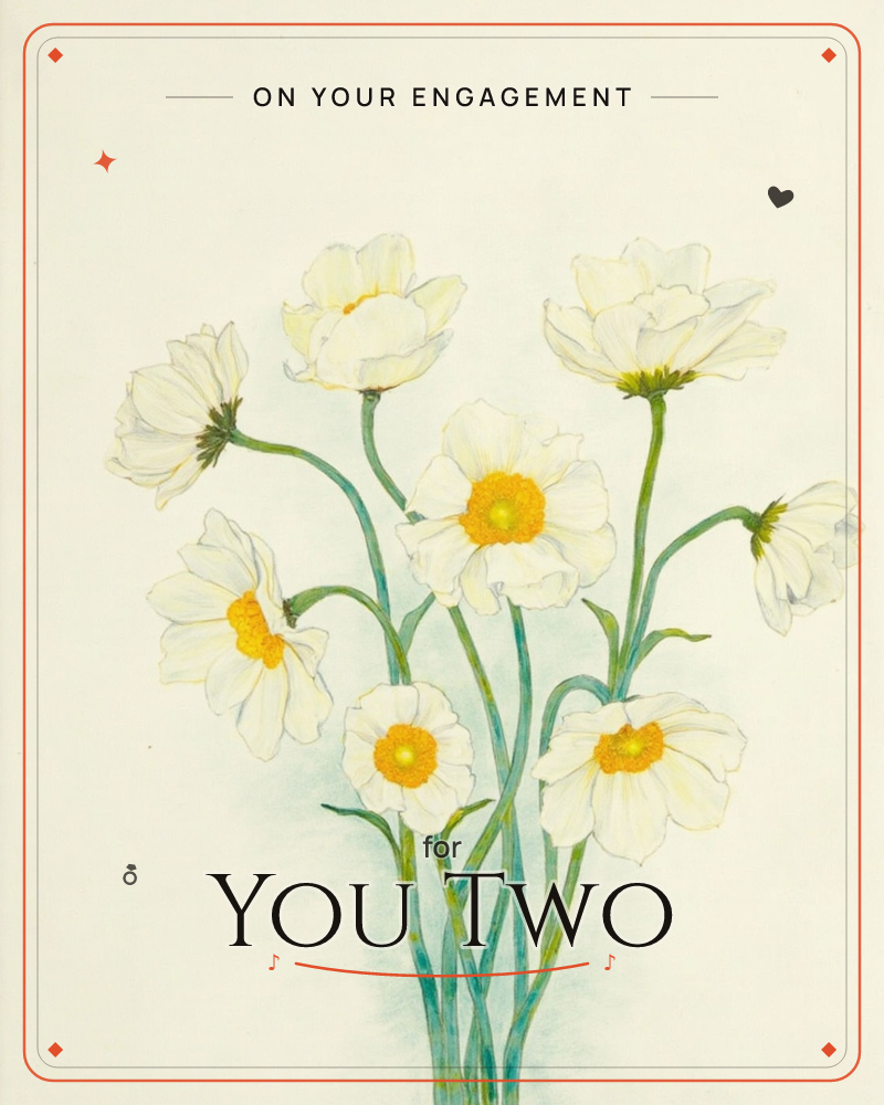 A cluster of white cosmos flowers with golden-yellow centres arches gently on slender green stems against a soft, vignetted cream background, a engagement e-card design