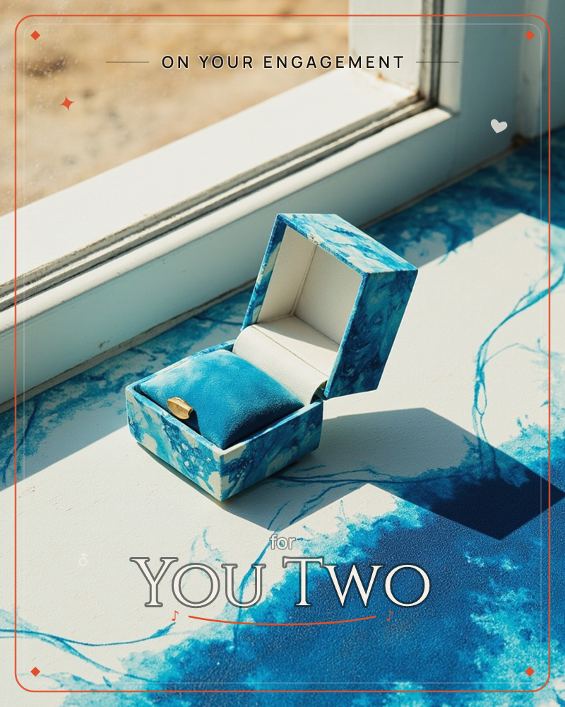 A small ring box in a swirling blue marbled pattern sits open on a windowsill, its lid casting a sharp shadow across the matching painted surface…, a engagement e-card design