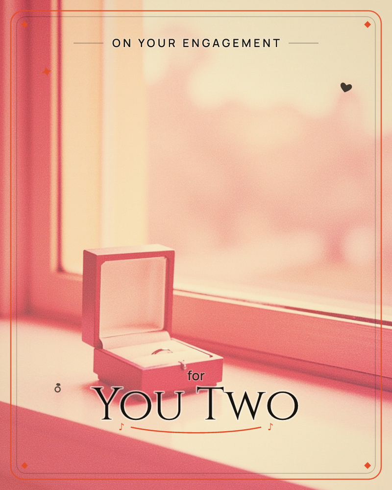 An open ring box sits on a sunlit windowsill, its lid propped back to reveal a small ring nestled inside, a engagement e-card design