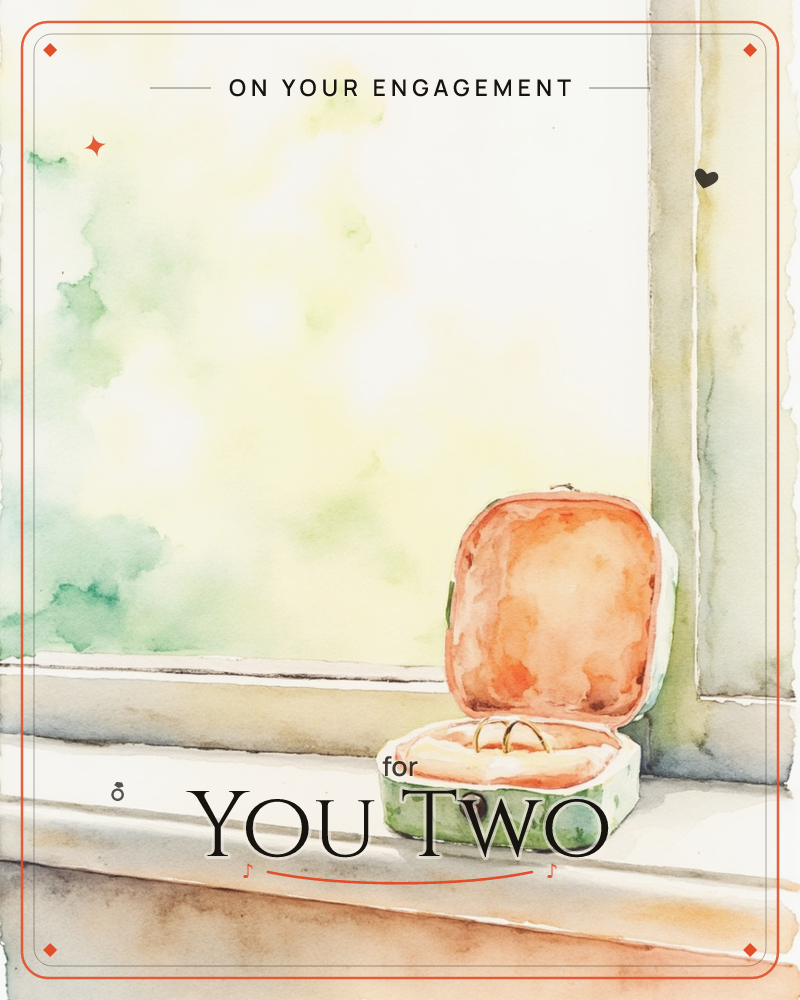 A small open jewellery box with a coral-lined lid sits on a sunlit windowsill, a thin gold ring resting inside its pale green base, a engagement e-card design