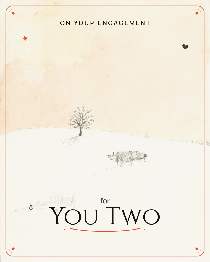 A lone bare tree stands on a snowy hillside beneath a soft peach-toned sky, while a small animal, sketched in fine pencil lines, forages alone in the…, a engagement e-card design