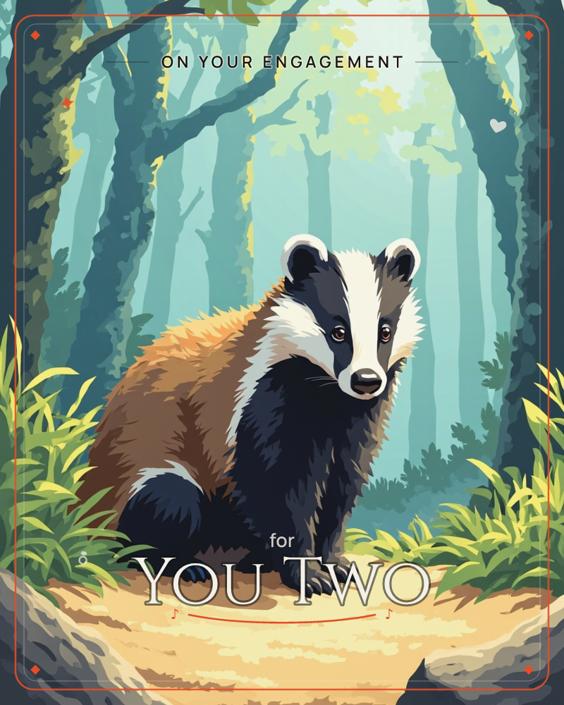 A badger sits alert on a sandy woodland path, its black-and-white striped face turned toward the viewer, surrounded by tall slender trees fading into a…, a engagement e-card design
