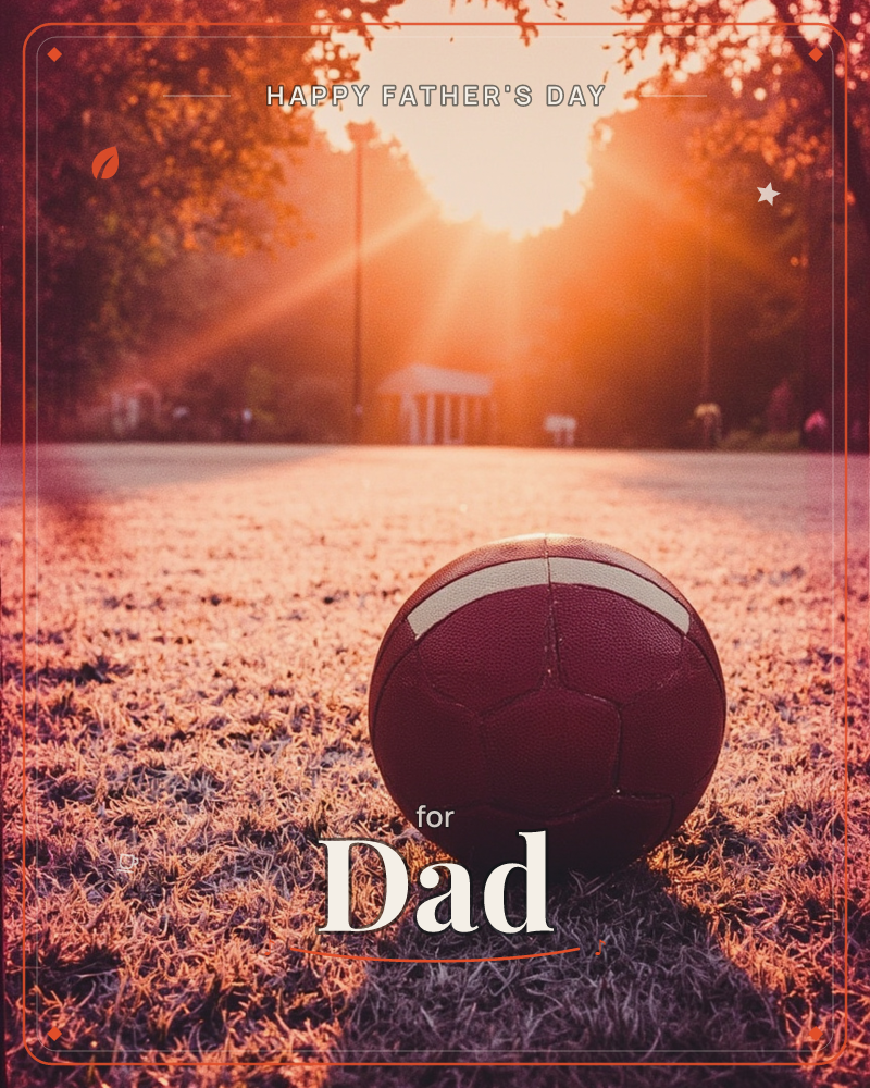 A worn maroon football sits alone on frosted grass in a park, with a blazing sunset flaring through a tree-lined avenue behind it, a fathersday e-card design