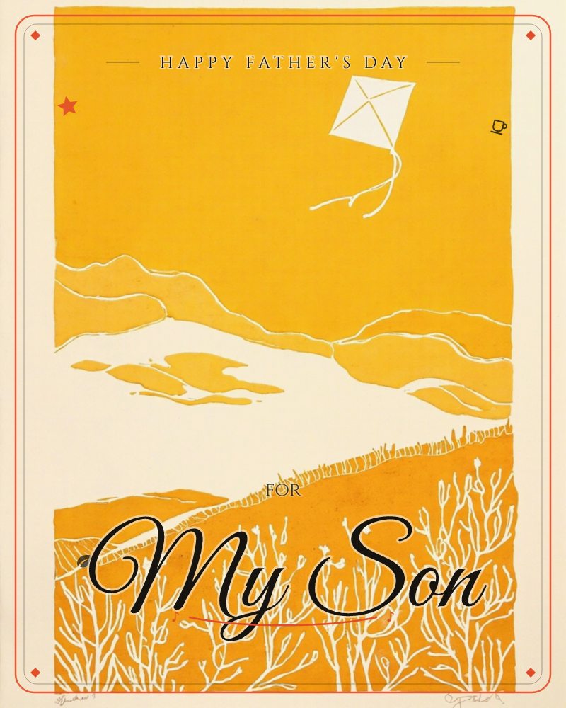 A single diamond kite floats against a golden sky above rolling dunes and rippled sand, its tail curling loosely in the wind, a fathersday e-card design