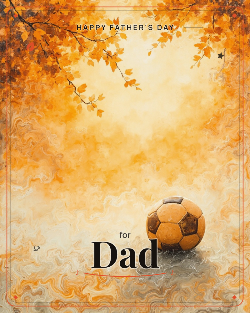 A weathered football sits alone on darkened grass beneath a swirling amber sky, autumn branches heavy with orange leaves arching overhead, a fathersday e-card design