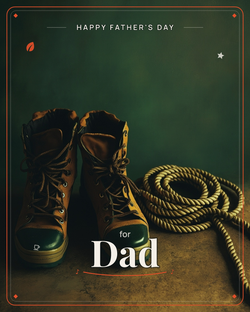 A pair of worn leather work boots sits laced and ready beside a coiled rope, lit in a moody spotlight against a deep green backdrop, a fathersday e-card design