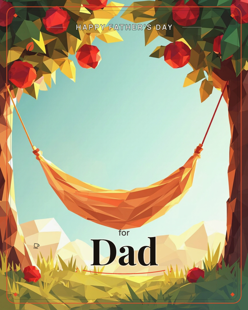 A golden hammock hangs between two low-poly trees heavy with red apples, framed by faceted leaves and a soft blue sky beyond, a fathersday e-card design