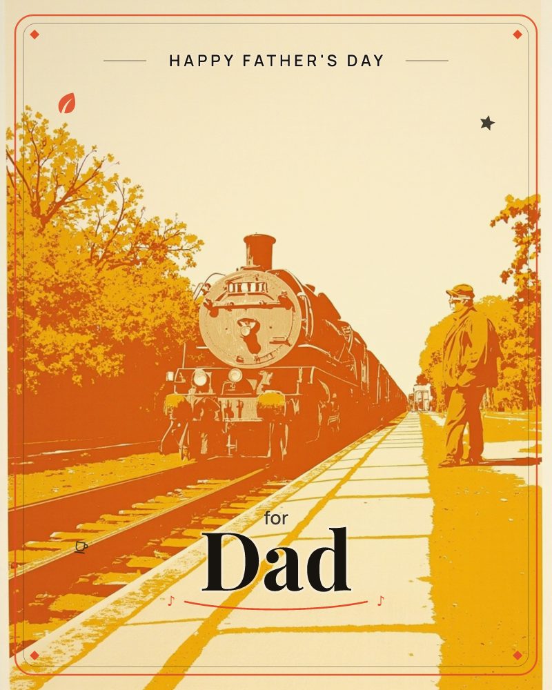 A vintage steam locomotive rolls along a platform lined with autumn trees, its round headlamp glowing under a warm amber-toned sky, a fathersday e-card design