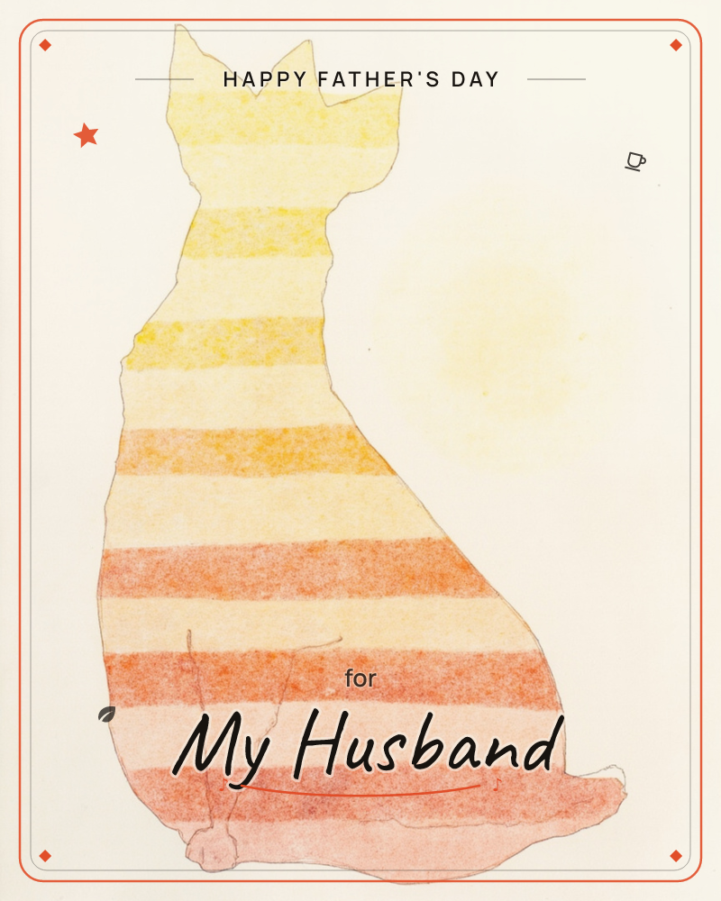 A cat sits with its back to us, its silhouette filled with horizontal stripes that shift from soft yellow at the head down to warm coral pink at the…, a fathersday e-card design
