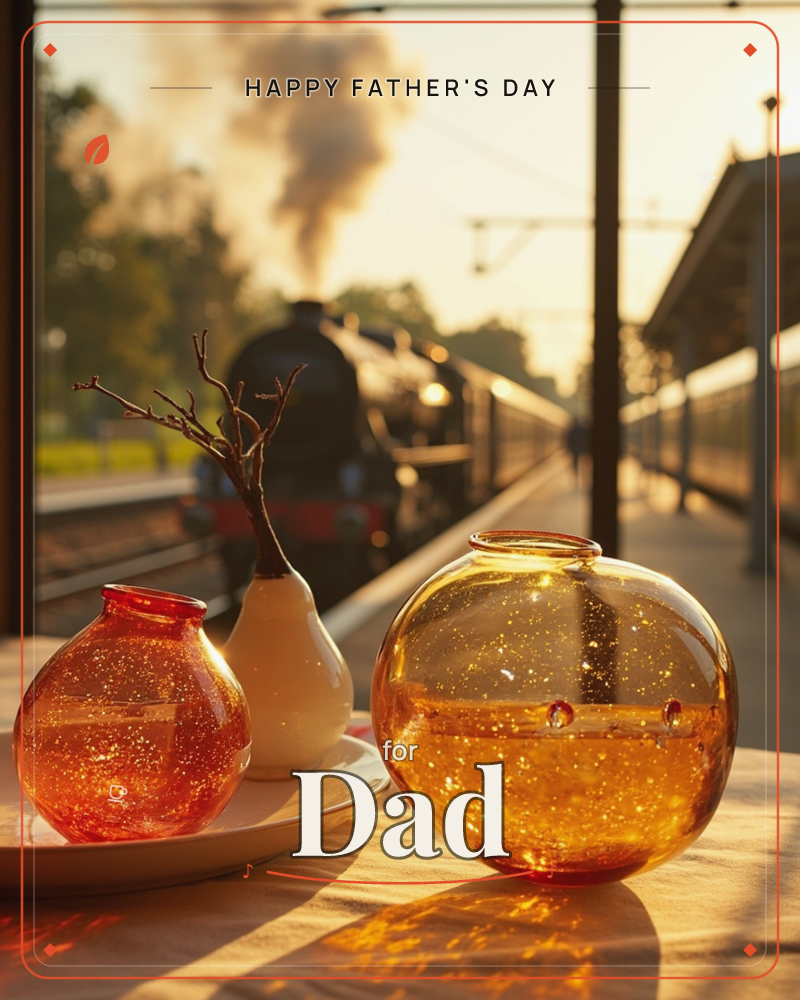 A trio of amber glass vases catches the low sun on a windowsill table, one holding a bare curled twig, while beyond the glass a steam train pulls into…, a fathersday e-card design