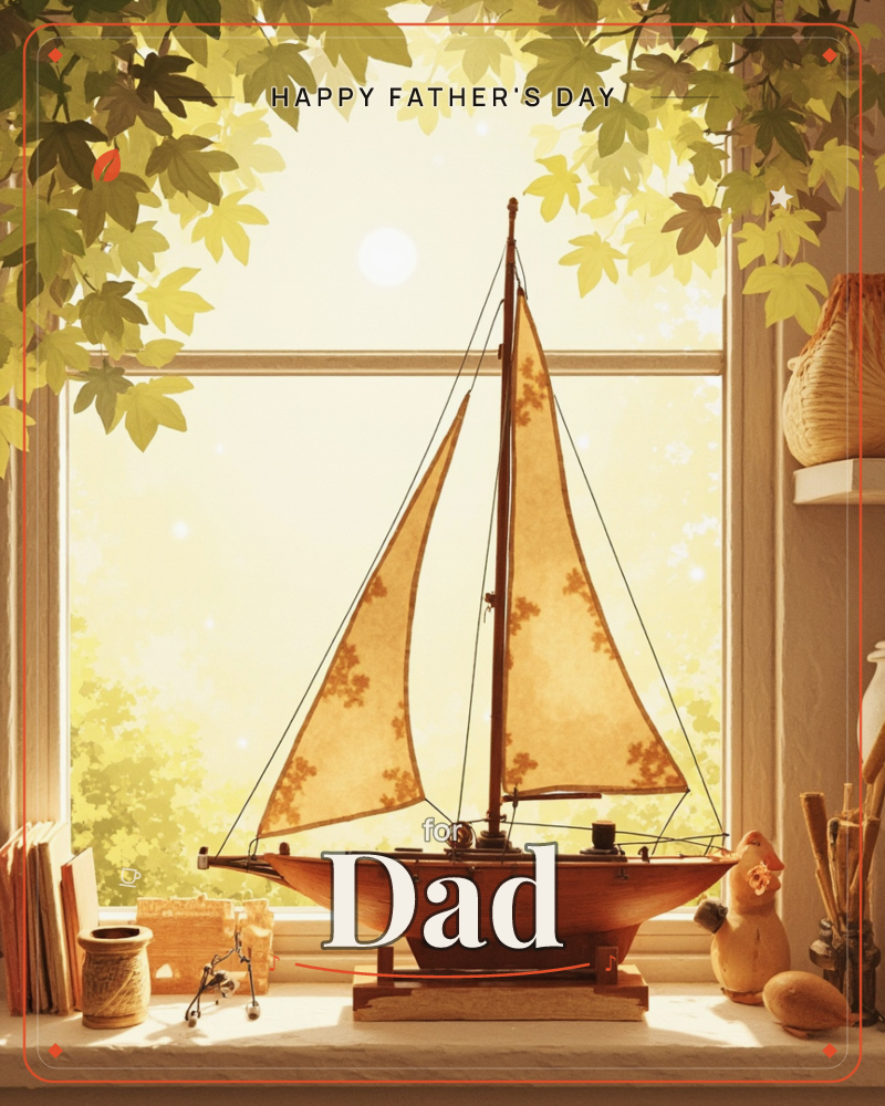 A wooden model sailboat sits on a windowsill, its patterned sails glowing amber against a hazy sunlit window, a fathersday e-card design