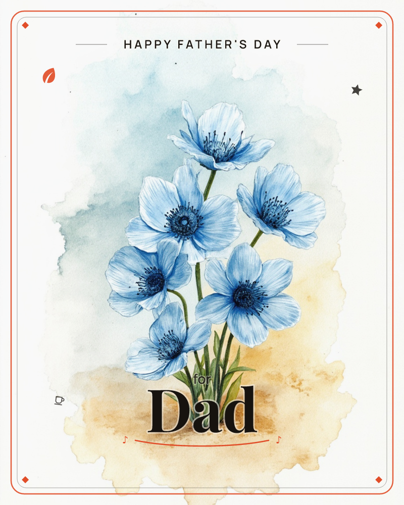 A cluster of pale blue poppies rises on slender green stems against a soft watercolour wash of sky-blue mist fading into warm sandy gold at the base, a fathersday e-card design