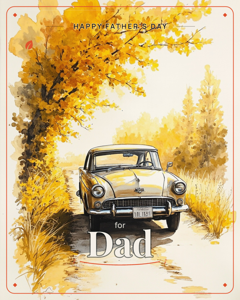 A vintage cream-coloured car sits parked on a country lane beneath a sweeping golden tree, its branches arching over the road like a canopy, a fathersday e-card design