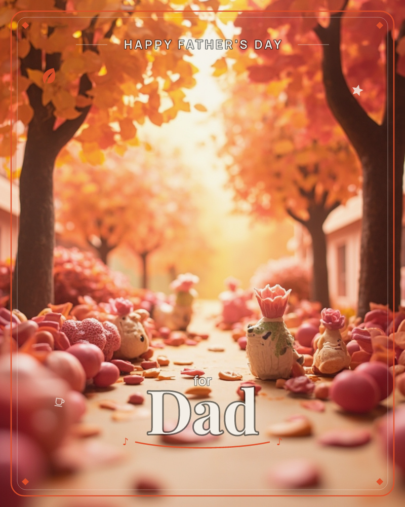 A miniature street lined with autumn trees glows in warm golden light, their orange and red leaves arching overhead like a tunnel, a fathersday e-card design