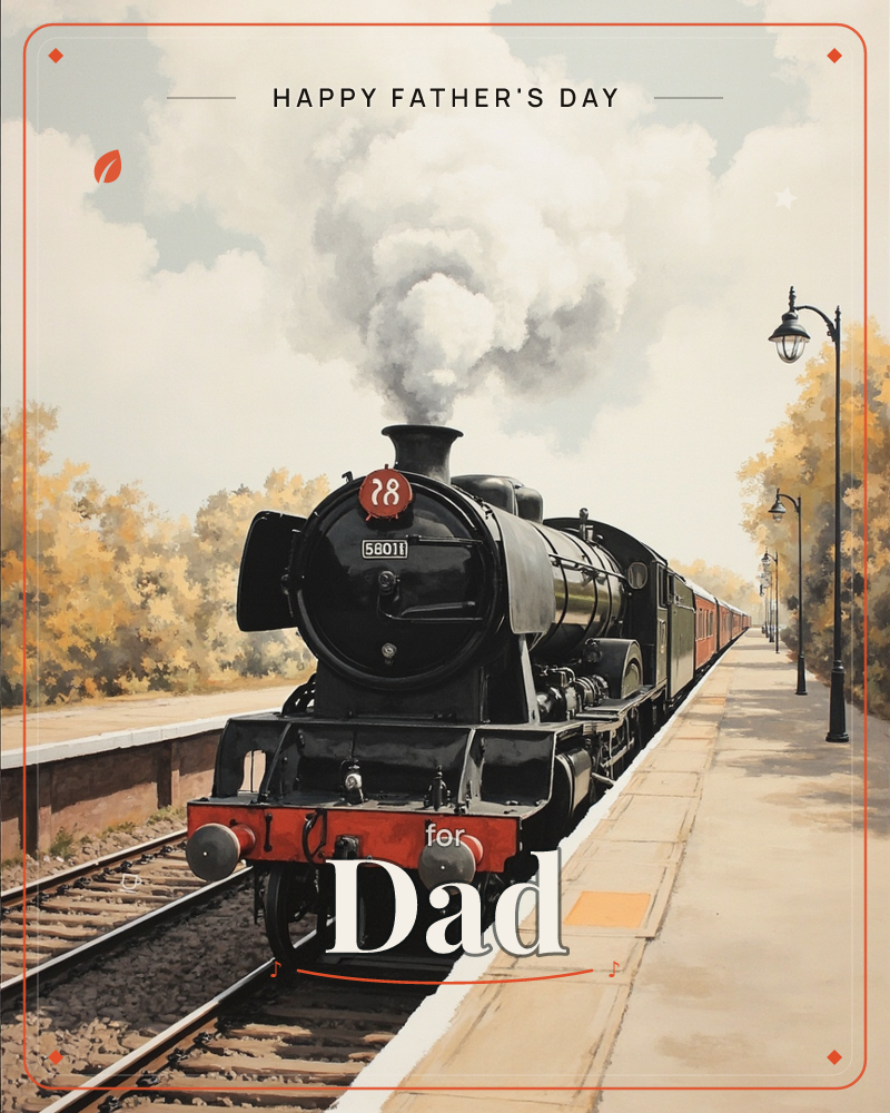A black steam locomotive numbered 58011 pulls into a countryside station platform, its funnel sending up a great plume of white smoke against a pale…, a fathersday e-card design