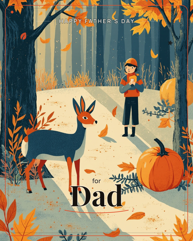 An autumn forest clearing glows with slanted afternoon light, where a deer stands watching a child holding a small cup along a leaf-strewn path, a fathersday e-card design