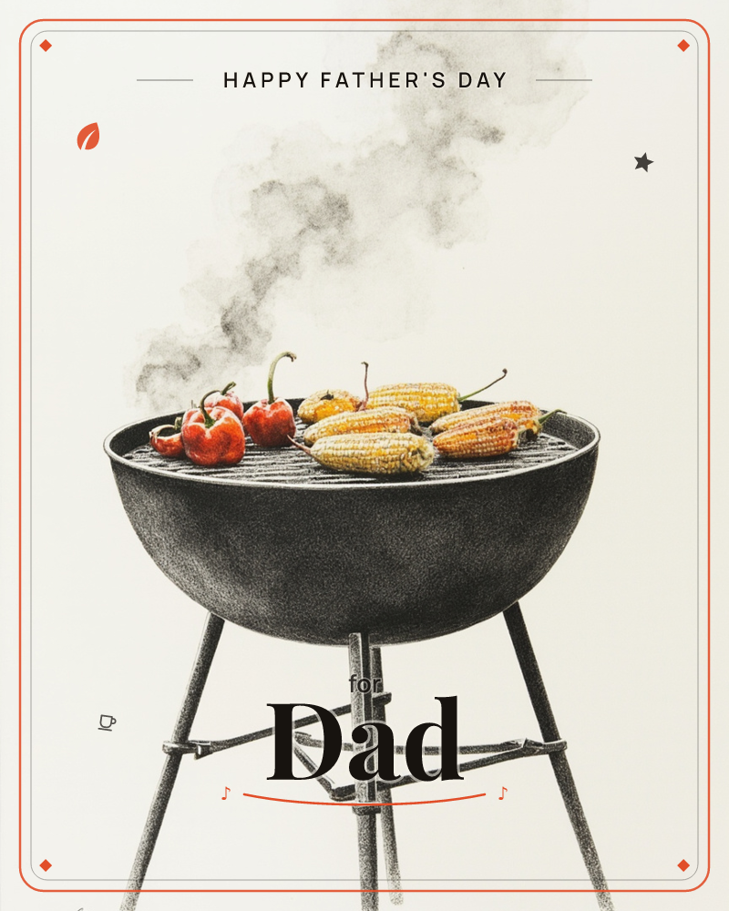 A round charcoal barbecue stands on tripod legs against a plain cream background, its grate loaded with red peppers and corn cobs, a fathersday e-card design